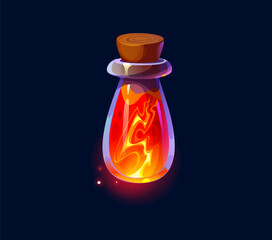 Witch magic potion bottle, Halloween elixir flask. Witch fantasy mixture or elixir flask mobile arcade vector interface asset, wizard Halloween magic potion bottle game UI icon with flame sparkles