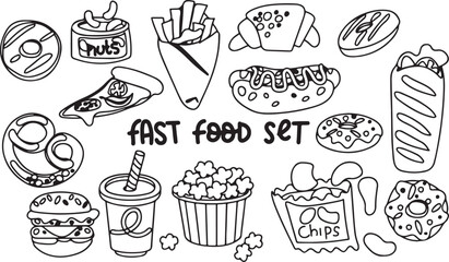 fast food doodle vector, burger fries and soda icons, black and white snack sketch, hand drawn junk food illustration, meal lineart design

