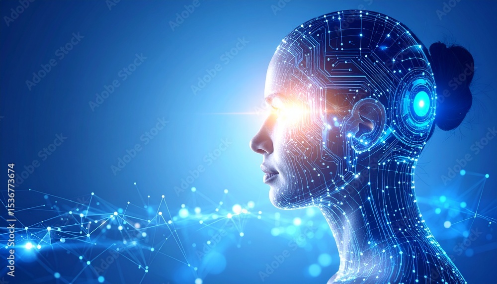 Poster abstract background featuring a woman's head with digital circuit and glowing interface