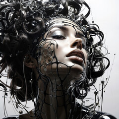 Surreal woman face with intricate scifi glossy textured hair and skin face and neck adorned by metallic spider-like structure and a complex bubble-like crown on its head