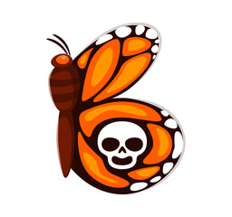 Day of the Dead font butterfly with skull letter B. Hispanic Day of the Dead holiday type vector symbol, ritual celebration typeset letter. Mexico death festival latin typeface sign or element