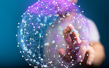 Person interacts with a digital globe, representing global networking and connectivity.