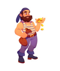 Cartoon medieval pirate and corsair character holding gold coins and bag of treasure. Isolated vector bearded sailor, funny retro personage with striped tank top, headscarf, boots and happy expression