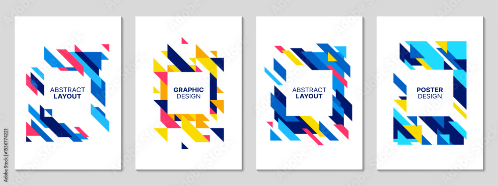 Poster Abstract geometric business posters with colorful triangle and rectangle shapes on white background. Vector modern layout set with dynamic figures in blue, red and yellow color. Cover or flyers design
