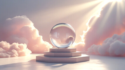Floating Glass Sphere Over Podium Under Cloudy Sky with Sun Rays

