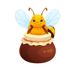 Cartoon honey bee character happily sitting on a honey jar. Cute vector insect exudes cheerful mood, highlights apiary produce, sweetness, playful beekeeping, honey harvest, and fun springtime vibes