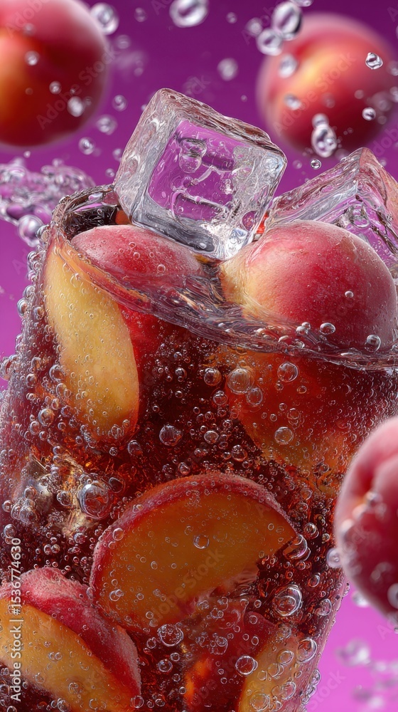 Poster refreshing peach drink with ice cubes and bubbles, promoting summer refreshment and beverage adverti
