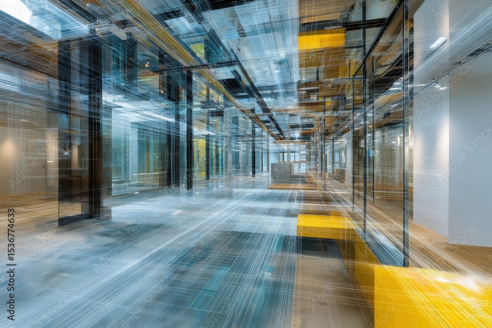 Poster Abstract Interior of Modern Office Building with Wireframe Overlay, Representing Innovation and Digital Transformation in Architecture : Generative AI