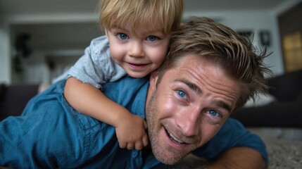 Joyful father-son moment home living room candid photography cozy environment close-up shot family bonding