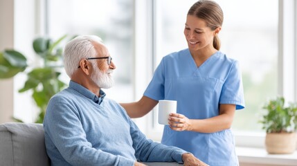 Obraz premium A nurse smiling and comforting an elderly man sitting in a wheelchair in a bright, home-like setting.