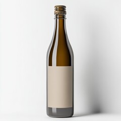 A tall glass bottle with a metallic screw cap and a blank beige label, set against a plain white background.