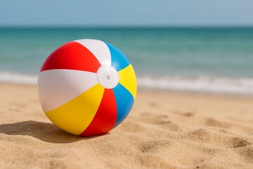 Obraz premium Colorful beach ball rests on sandy shoreline with blue ocean in background during sunny day