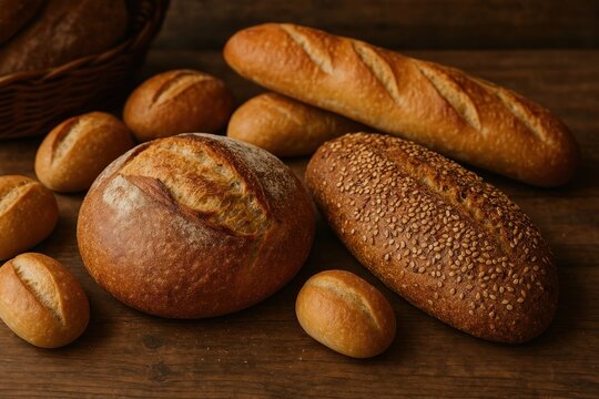 Assorted artisanal bread varieties displayed.