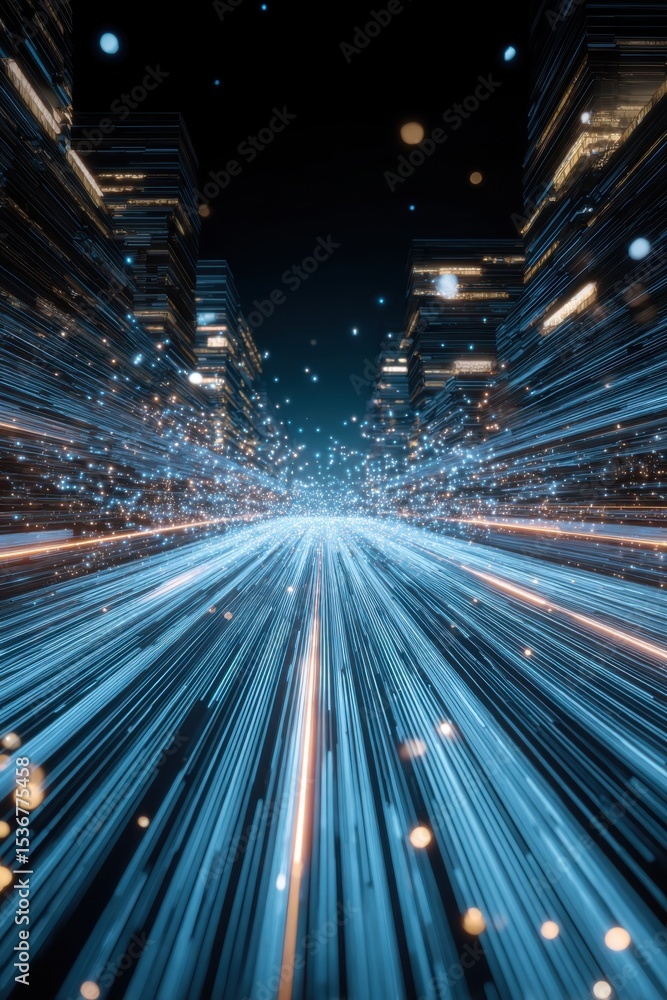 Aufkleber futuristic cityscape with glowing data streams, representing digital transformation and technologica