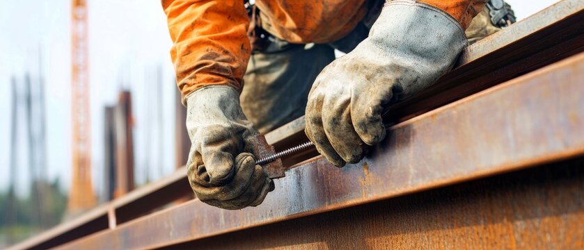A close-up of an ironworker bolting structural steel beams together at a high-rise building construction site, High-rise steel erection scene, Structural connectivity style