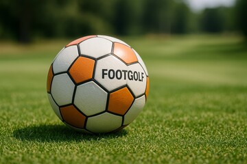 Fototapeta premium Footgolf ball resting on green grass in a sunny outdoor setting during a recreational game