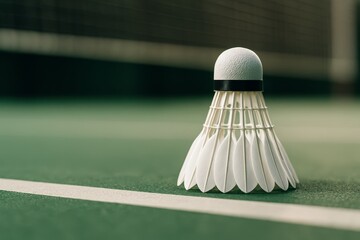 Badminton shuttlecock resting on court surface after an intense game in an indoor sports facility