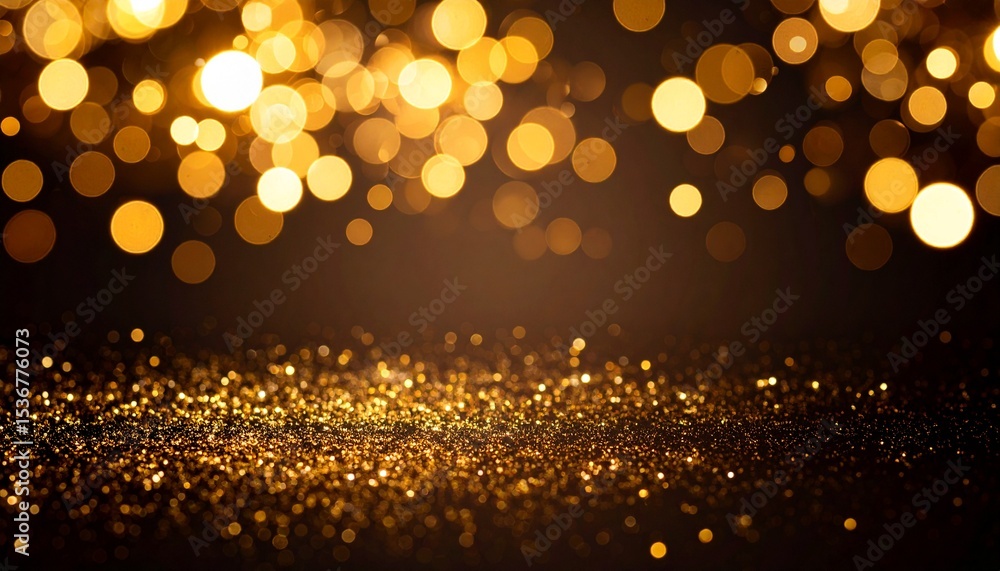 Poster radiant gold glitter background with dancing bokeh shapes and generous copy space present
