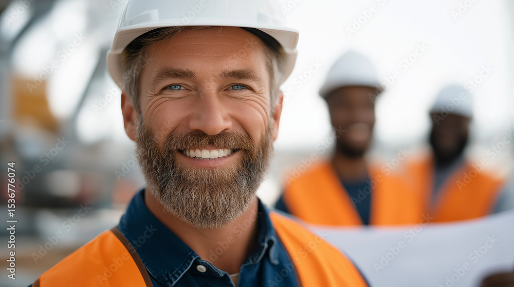 Poster smiling architects and engineers at a construction site with blueprints