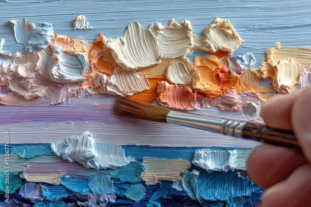Poster close-up of oil paint strokes and brush, representing artistic expression and creative inspiration f