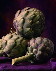 Obraz premium Artichokes Stacked on Purple Fabric, Representing Healthy Eating and Culinary Creativity for Food Bloggers and Restaurant Marketing : Generative AI