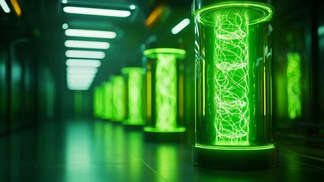Nature conservation concept. A futuristic lab with glowing green cylindrical chambers filled with tangled wires, giving a sci-fi and high-tech atmosphere. Selective focus.
