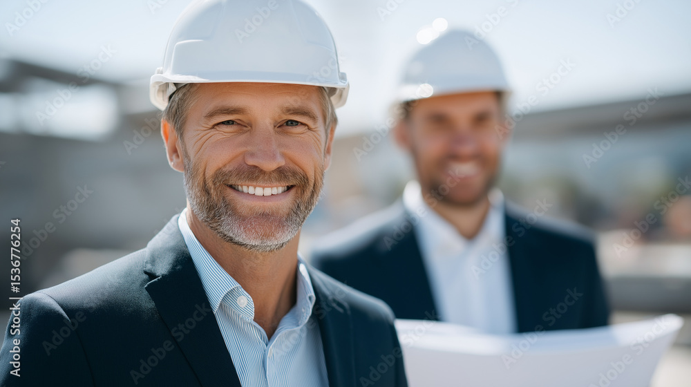 Poster smiling architects and engineers on a construction site with blueprints