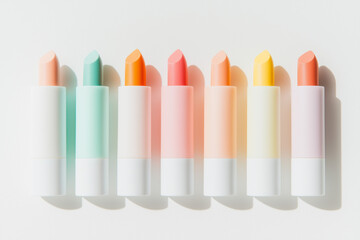A collection of vibrant lip balms is lined up in a row, showcasing various pastel colors and textures under soft lighting, creating a fresh and inviting display