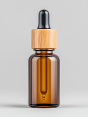 Bottle of perfume with a wooden stopper. The bottle is brown and has a wooden cap