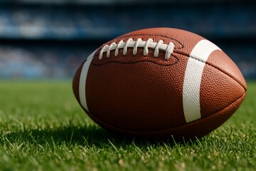 Leather ball resting on the grass ready for a sports game in a stadium filled with fans during a sunny day