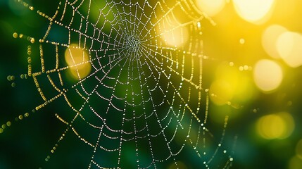 Dew-kissed spiderweb in vibrant bokeh