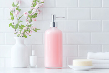 In a modern bathroom, a soft pink liquid soap dispenser sits next to a small white soap bar and fresh flowers. The setting is clean, simple, and inviting