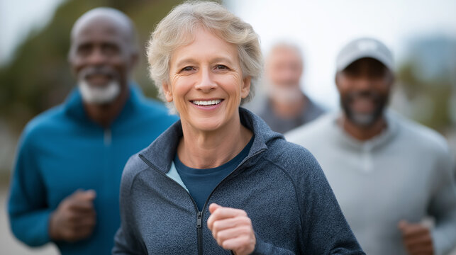 Group of diverse runners enjoying a sunset in a vibrant park