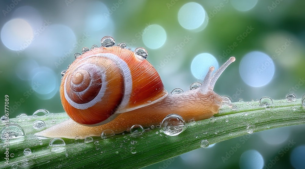Aufkleber snail crawling on green leaf covered in dew drops, symbolizing nature's resilience and environmental