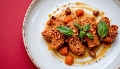 Deliciously Plated Gourmet Dish with Herbs and Sauce on Decorative Tableware