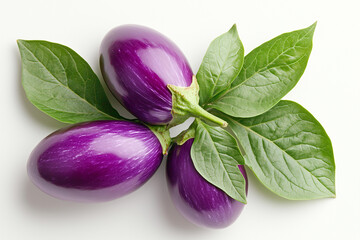 Three glossy purple eggplants are beautifully arranged with bright green leaves on a clean white surface, showcasing their rich color and freshness
