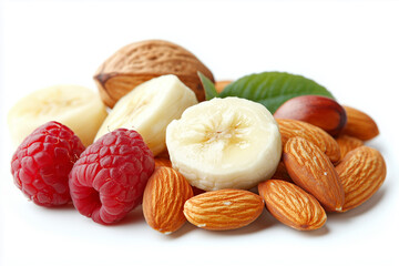 A colorful assortment of sliced bananas, raspberries, and various nuts including almonds are arranged artistically on a white surface, promoting healthy living