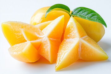 Brightly colored star fruit is artfully displayed with slices cut into star shapes and whole fruits arranged elegantly on a clean white surface