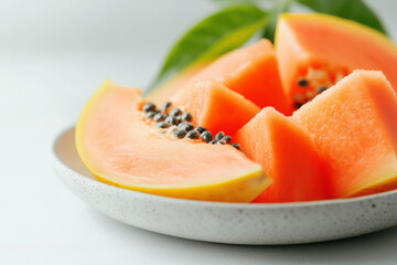 Ripe papaya slices are artistically arranged on a textured plate, showcasing vibrant orange flesh and black seeds, complemented by fresh green leaves for a vibrant display