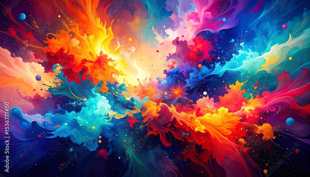 Poster abstract cosmic color explosion with vibrant and dynamic paint splashes in a cosmic scene