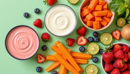 Colorful Arrangement of Healthy Snacks Featuring Yogurt, Fresh Fruits, and Vegetables on Green Background