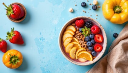 Colorful Fruit Bowl with Sliced Banana, Berries, and Granola on Light Blue Surface