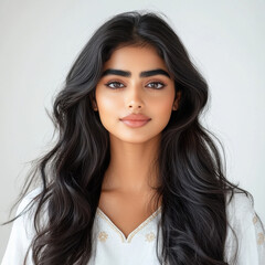 Naklejka premium close up of young indian woman standing with log hair on isolated background