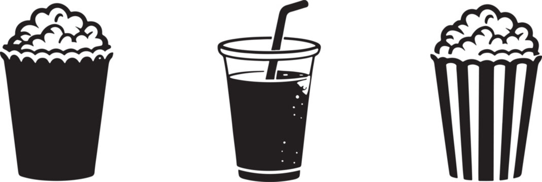 Monochrome illustrations of popcorn and beverage cups representing cinema refreshments