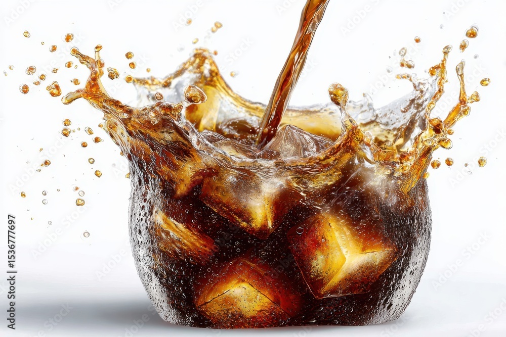 Aufkleber Pouring Soda Into Glass With Ice Cubes Creating Splash, Representing Refreshment and Summertime Indulgence for Beverage Advertising : Generative AI