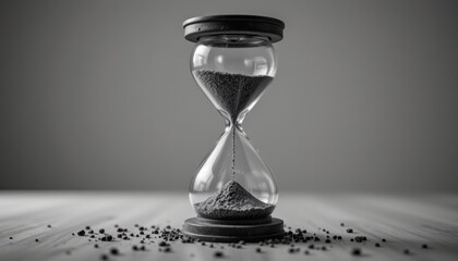 Hourglass Filled with Dark Sand on a Tabletop Against a Monochrome Background