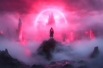 A lone figure in a dark cloak atop jagged rocks surveys a captivating, fog-drenched landscape. Surrounding structures glow in striking pink hues under a massive light arc