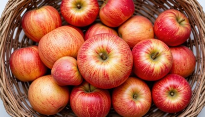 Fresh Red Apples Harvested and Arranged in a Rustic Woven Basket on a Light Background