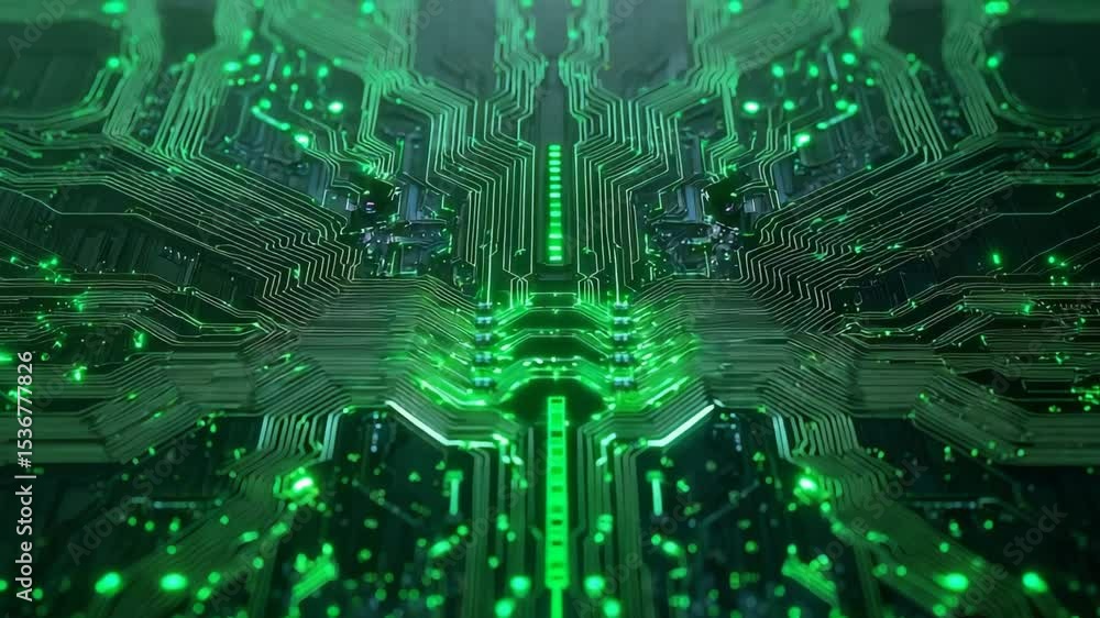 Poster nature conservation concept. a glowing green electronic circuit board with intricate pathways and pa