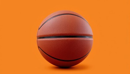 Detailed Close-Up of a Textured Basketball on a Vibrant Orange Background